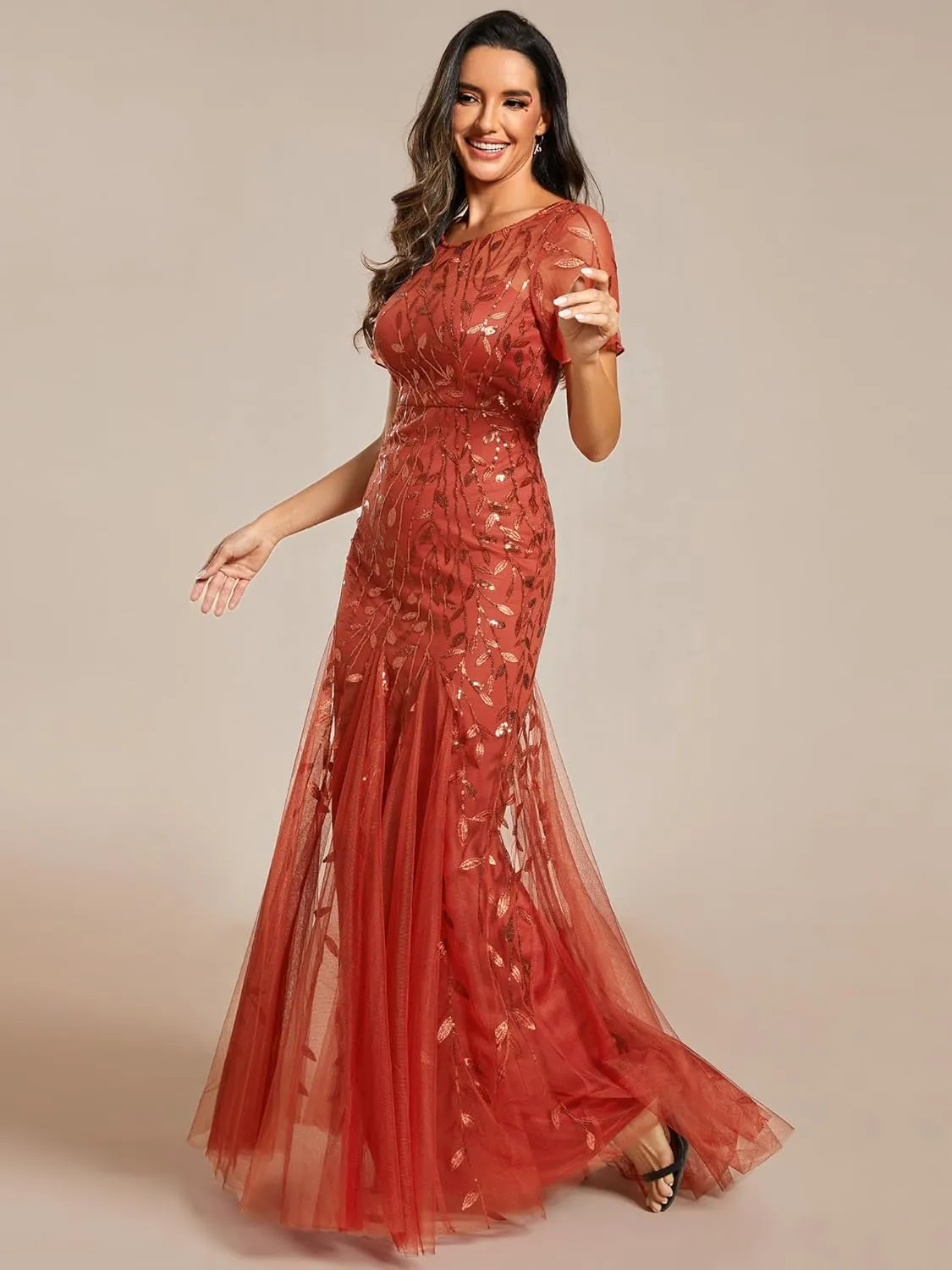 Ever-Pretty Women's Elegant Illusion Short Sleeve Crew Neck Sequin Embroidery Mermaid Evening Dresses 07707