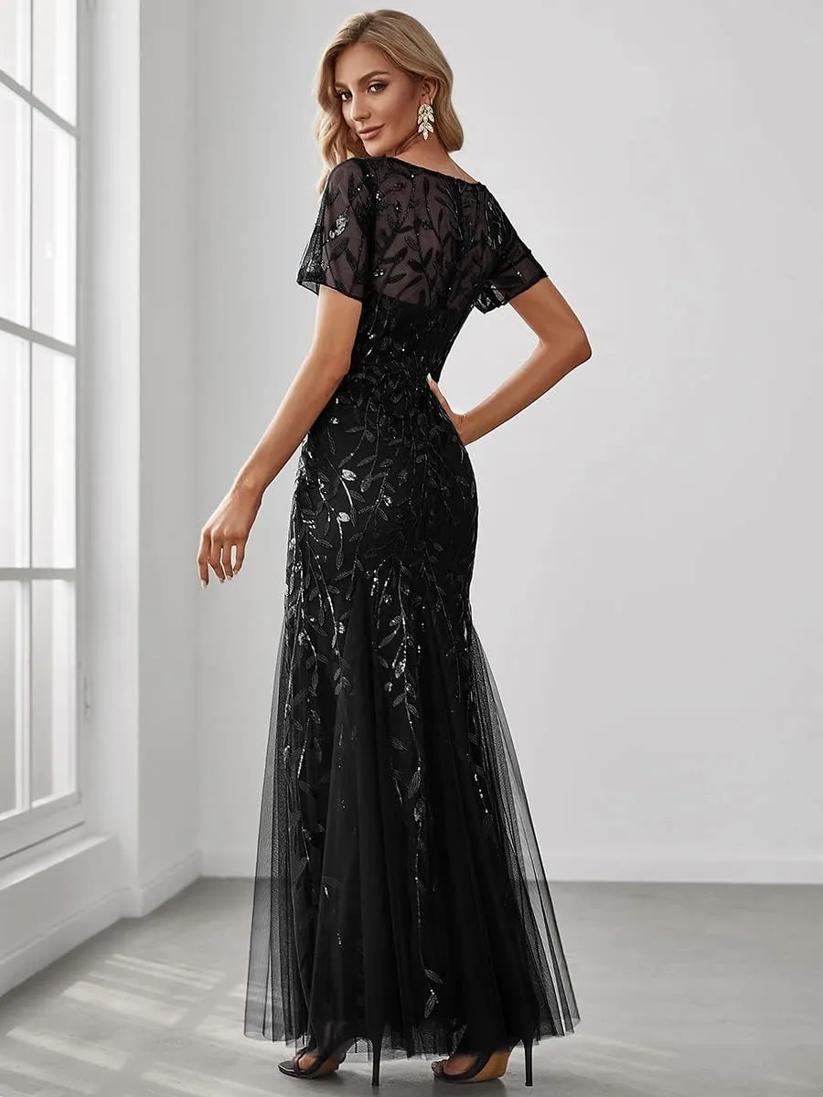Ever-Pretty Women's Elegant Illusion Short Sleeve Crew Neck Sequin Embroidery Mermaid Evening Dresses 07707