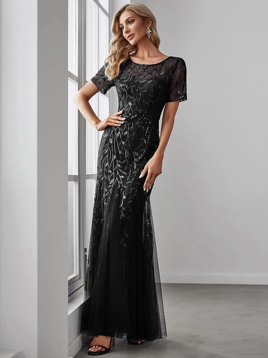 Ever-Pretty Women's Elegant Illusion Short Sleeve Crew Neck Sequin Embroidery Mermaid Evening Dresses 07707