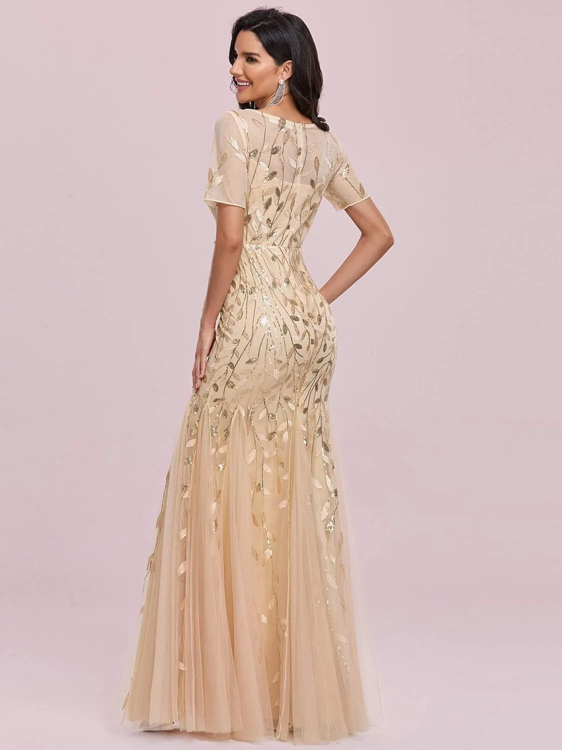 Ever-Pretty Women's Elegant Illusion Short Sleeve Crew Neck Sequin Embroidery Mermaid Evening Dresses 07707