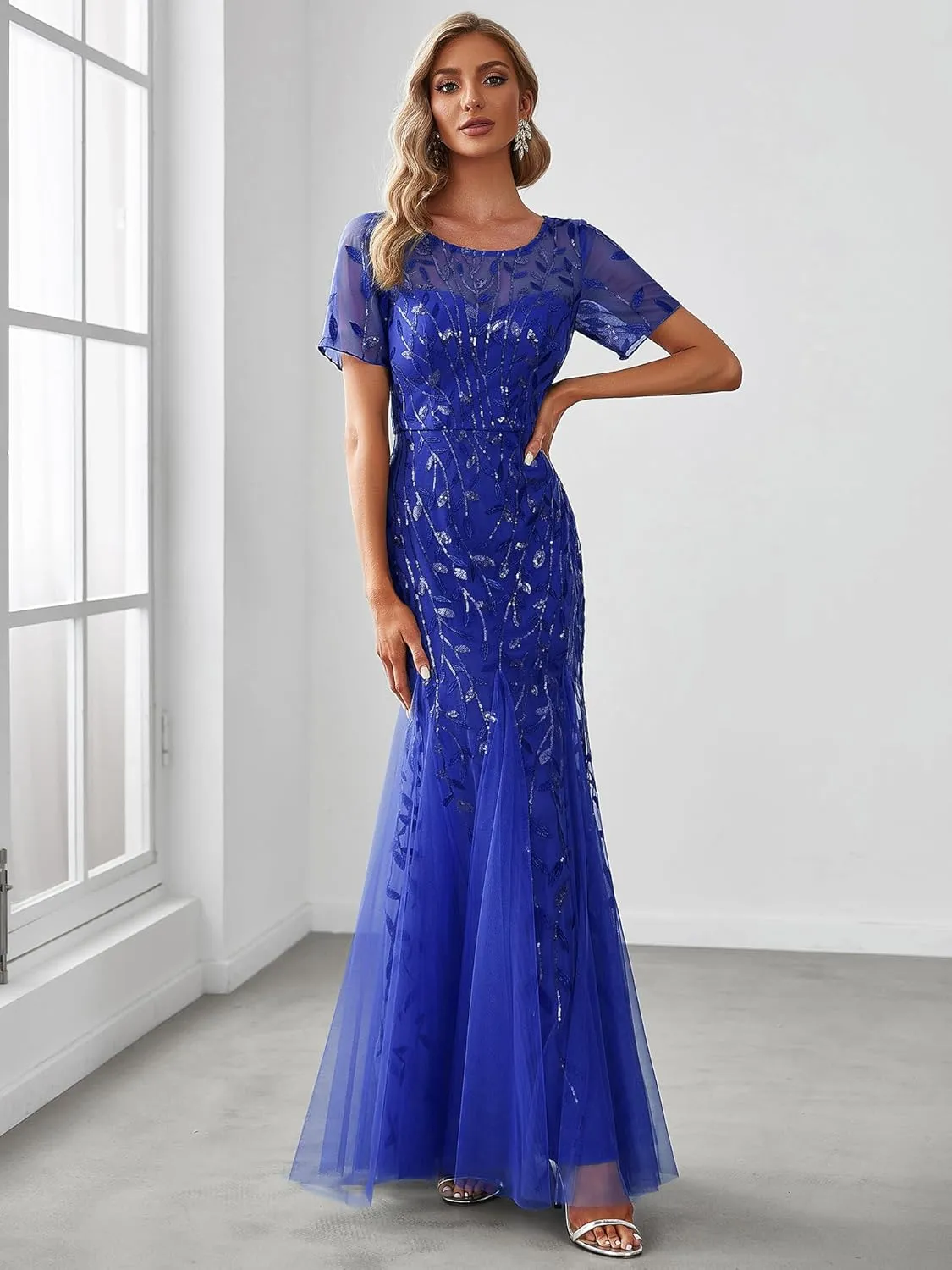 Ever-Pretty Women's Elegant Illusion Short Sleeve Crew Neck Sequin Embroidery Mermaid Evening Dresses 07707