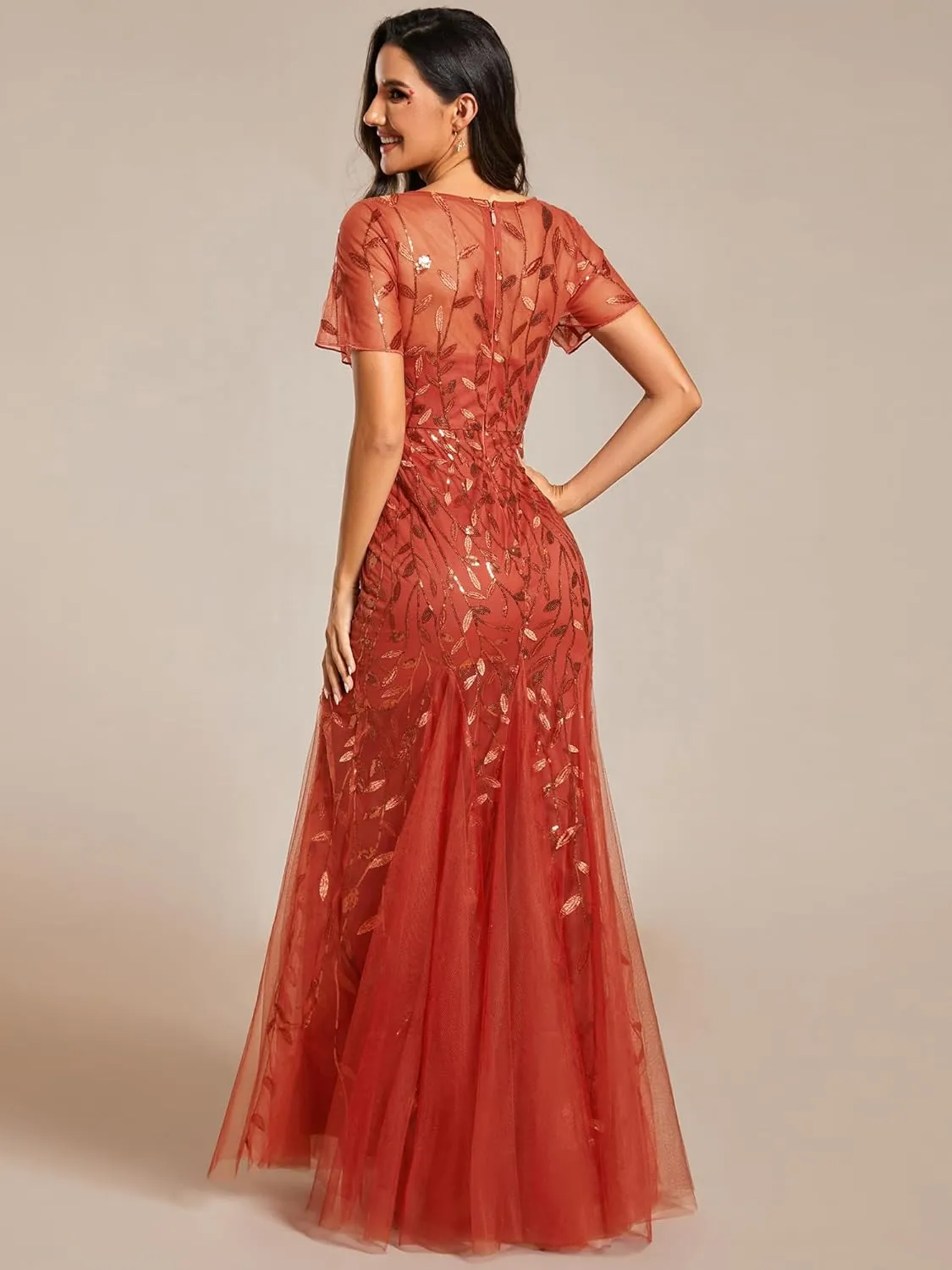 Ever-Pretty Women's Elegant Illusion Short Sleeve Crew Neck Sequin Embroidery Mermaid Evening Dresses 07707