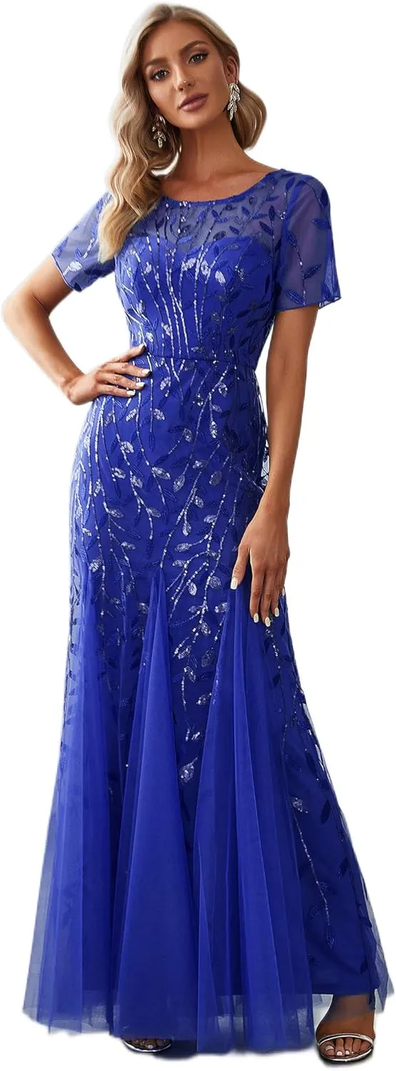 Ever-Pretty Women's Elegant Illusion Short Sleeve Crew Neck Sequin Embroidery Mermaid Evening Dresses 07707
