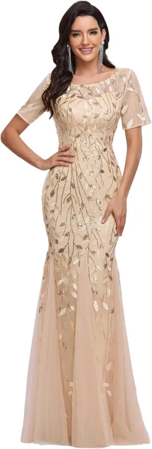 Ever-Pretty Women's Elegant Illusion Short Sleeve Crew Neck Sequin Embroidery Mermaid Evening Dresses 07707
