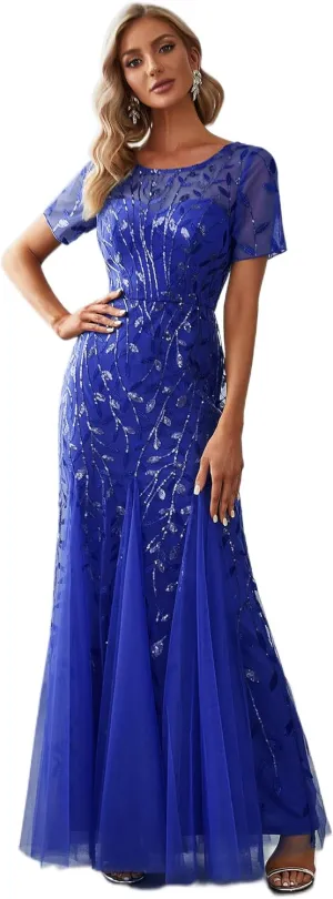 Ever-Pretty Women's Elegant Illusion Short Sleeve Crew Neck Sequin Embroidery Mermaid Evening Dresses 07707
