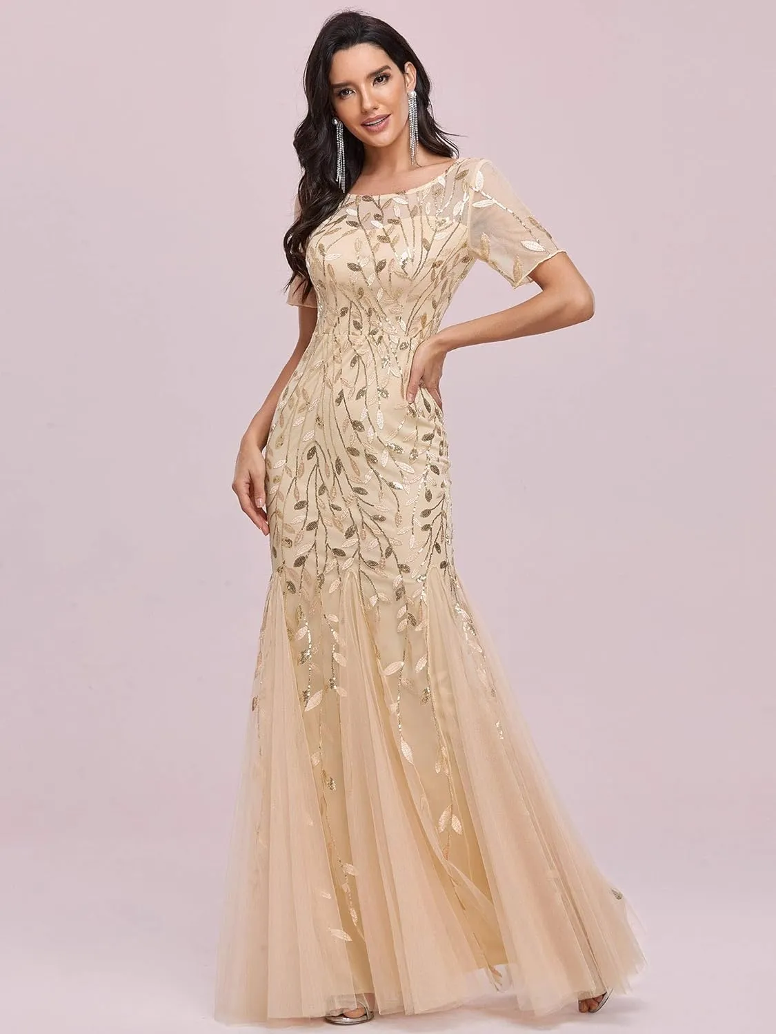 Ever-Pretty Women's Elegant Illusion Short Sleeve Crew Neck Sequin Embroidery Mermaid Evening Dresses 07707
