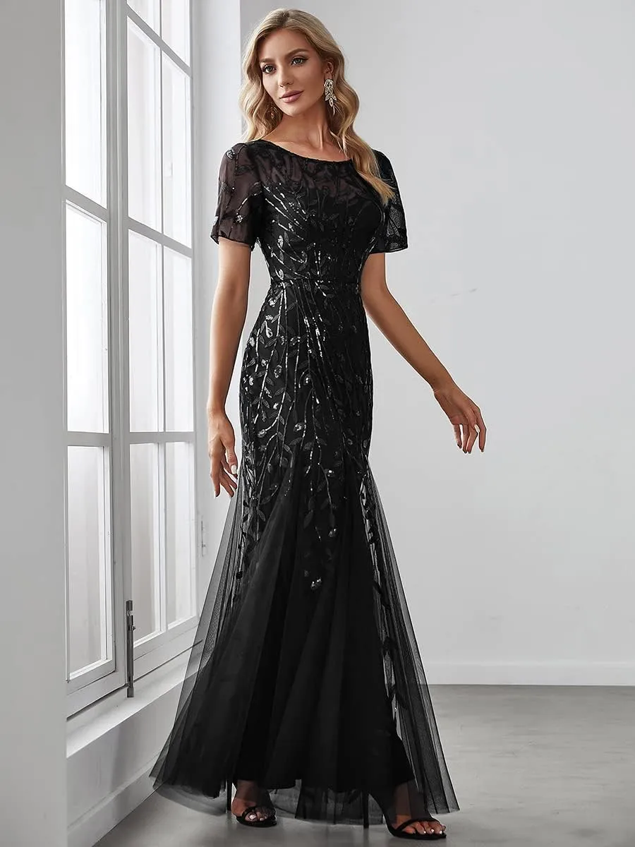 Ever-Pretty Women's Elegant Illusion Short Sleeve Crew Neck Sequin Embroidery Mermaid Evening Dresses 07707