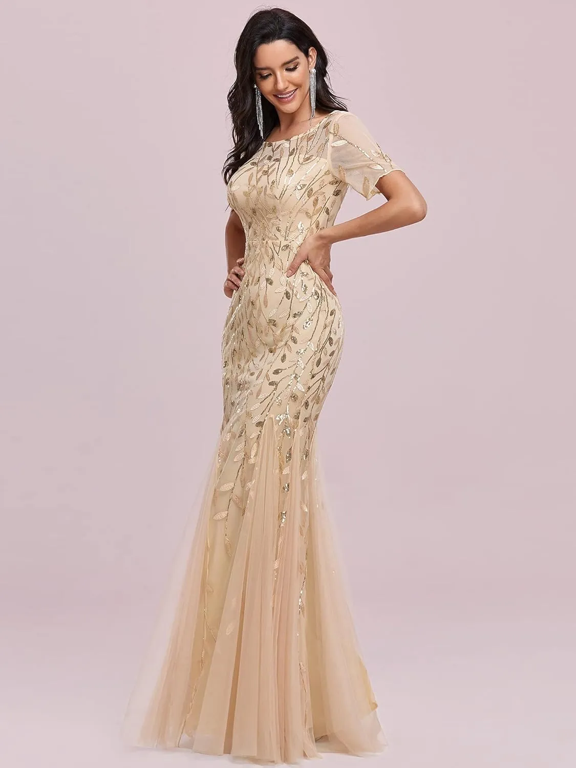 Ever-Pretty Women's Elegant Illusion Short Sleeve Crew Neck Sequin Embroidery Mermaid Evening Dresses 07707