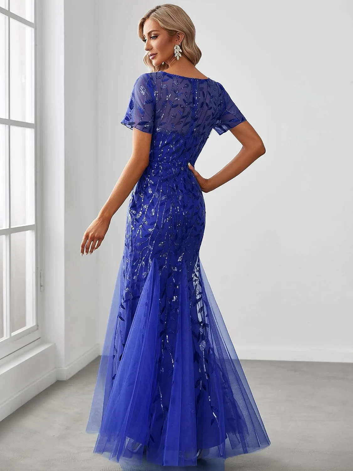 Ever-Pretty Women's Elegant Illusion Short Sleeve Crew Neck Sequin Embroidery Mermaid Evening Dresses 07707