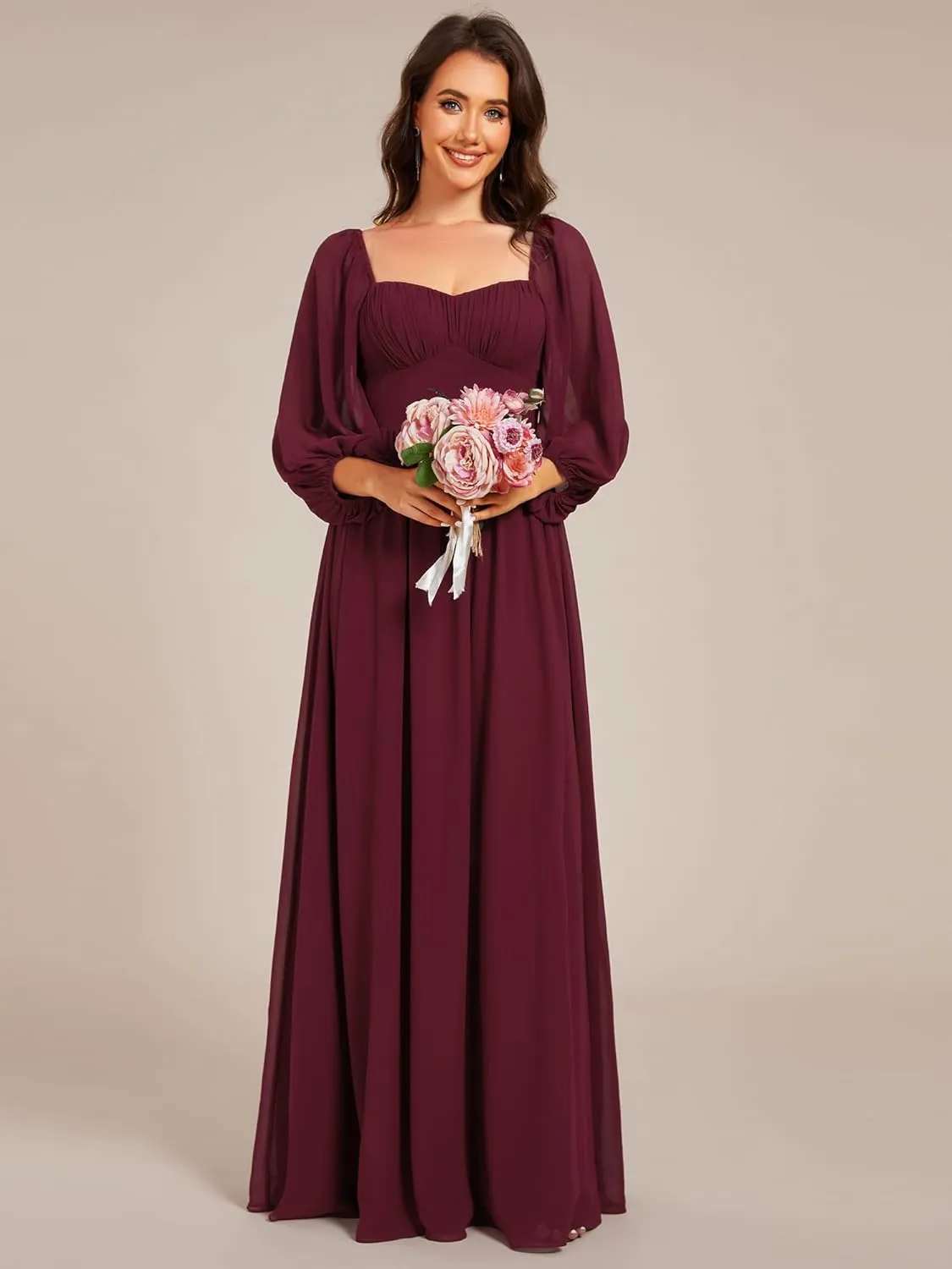 Ever-Pretty Women's Elegant Ruched Sweetheart Empire Waist A Line Long Sleeves Maxi Chiffon Bridesmaid Dresses 02264