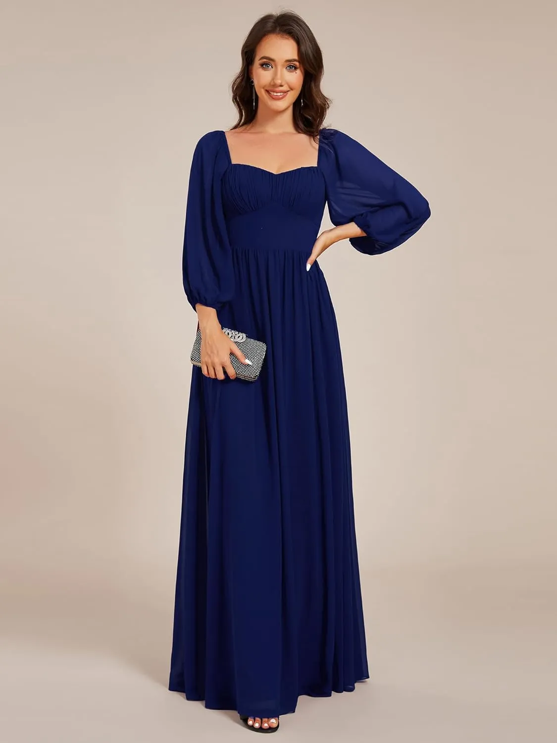 Ever-Pretty Women's Elegant Ruched Sweetheart Empire Waist A Line Long Sleeves Maxi Chiffon Bridesmaid Dresses 02264