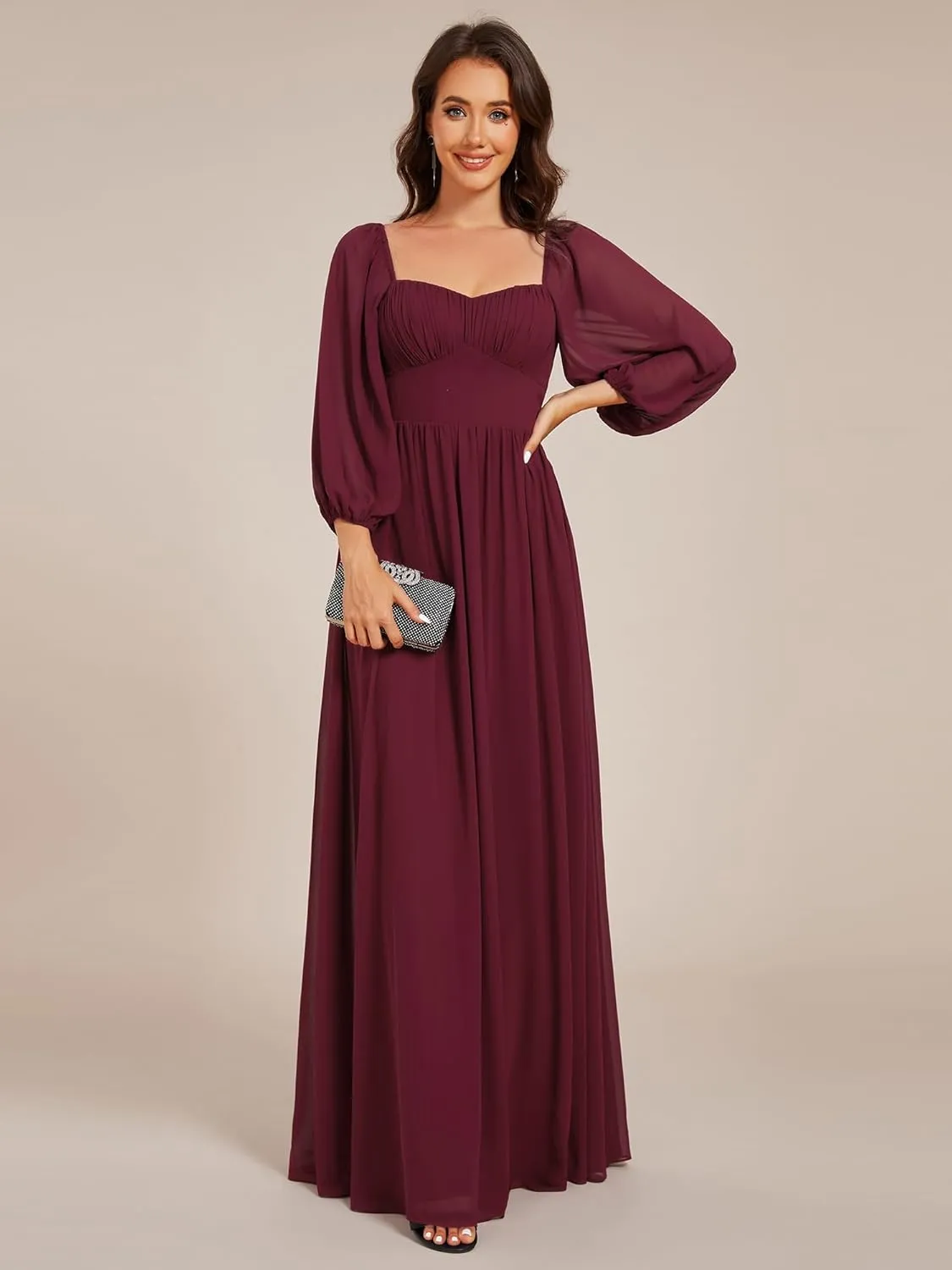Ever-Pretty Women's Elegant Ruched Sweetheart Empire Waist A Line Long Sleeves Maxi Chiffon Bridesmaid Dresses 02264