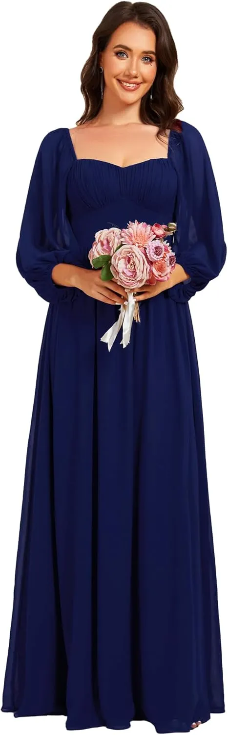 Ever-Pretty Women's Elegant Ruched Sweetheart Empire Waist A Line Long Sleeves Maxi Chiffon Bridesmaid Dresses 02264