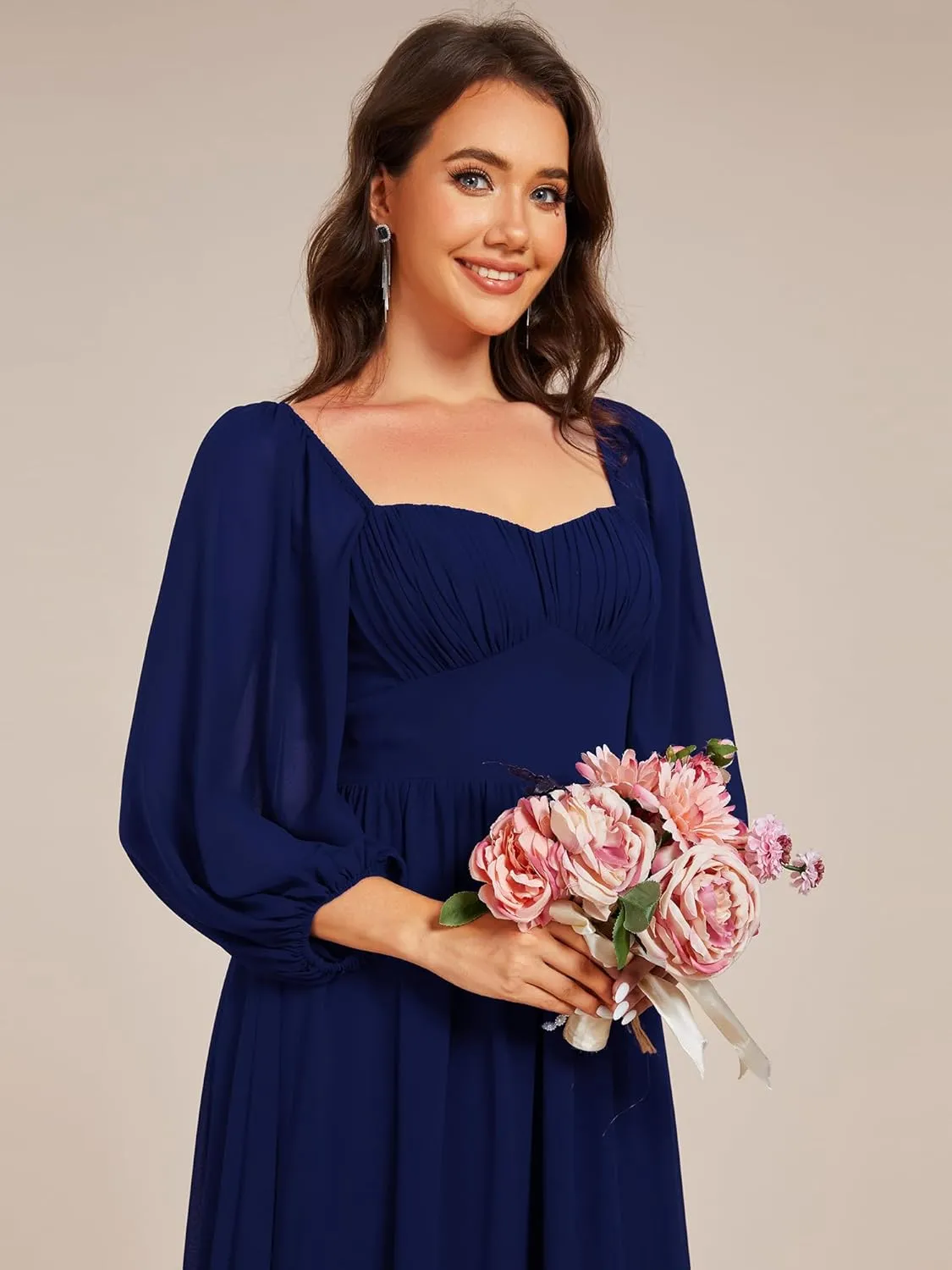 Ever-Pretty Women's Elegant Ruched Sweetheart Empire Waist A Line Long Sleeves Maxi Chiffon Bridesmaid Dresses 02264