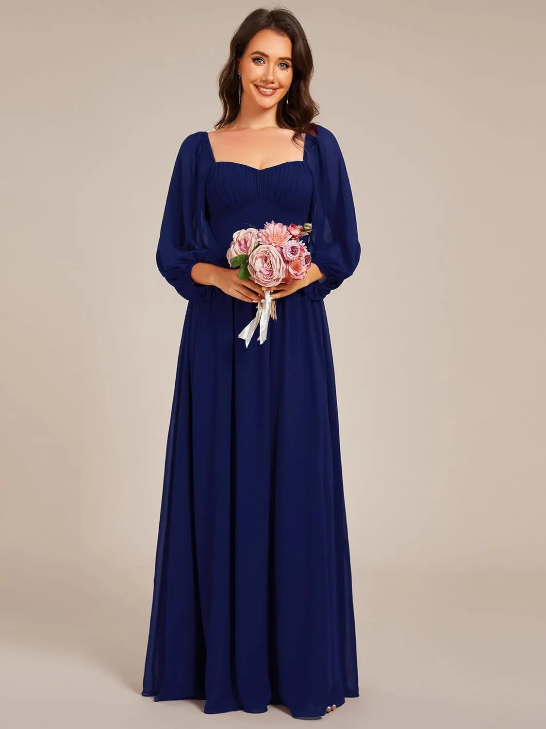 Ever-Pretty Women's Elegant Ruched Sweetheart Empire Waist A Line Long Sleeves Maxi Chiffon Bridesmaid Dresses 02264