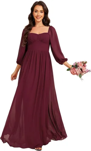 Ever-Pretty Women's Elegant Ruched Sweetheart Empire Waist A Line Long Sleeves Maxi Chiffon Bridesmaid Dresses 02264