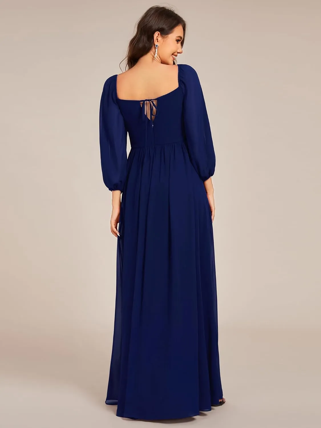 Ever-Pretty Women's Elegant Ruched Sweetheart Empire Waist A Line Long Sleeves Maxi Chiffon Bridesmaid Dresses 02264