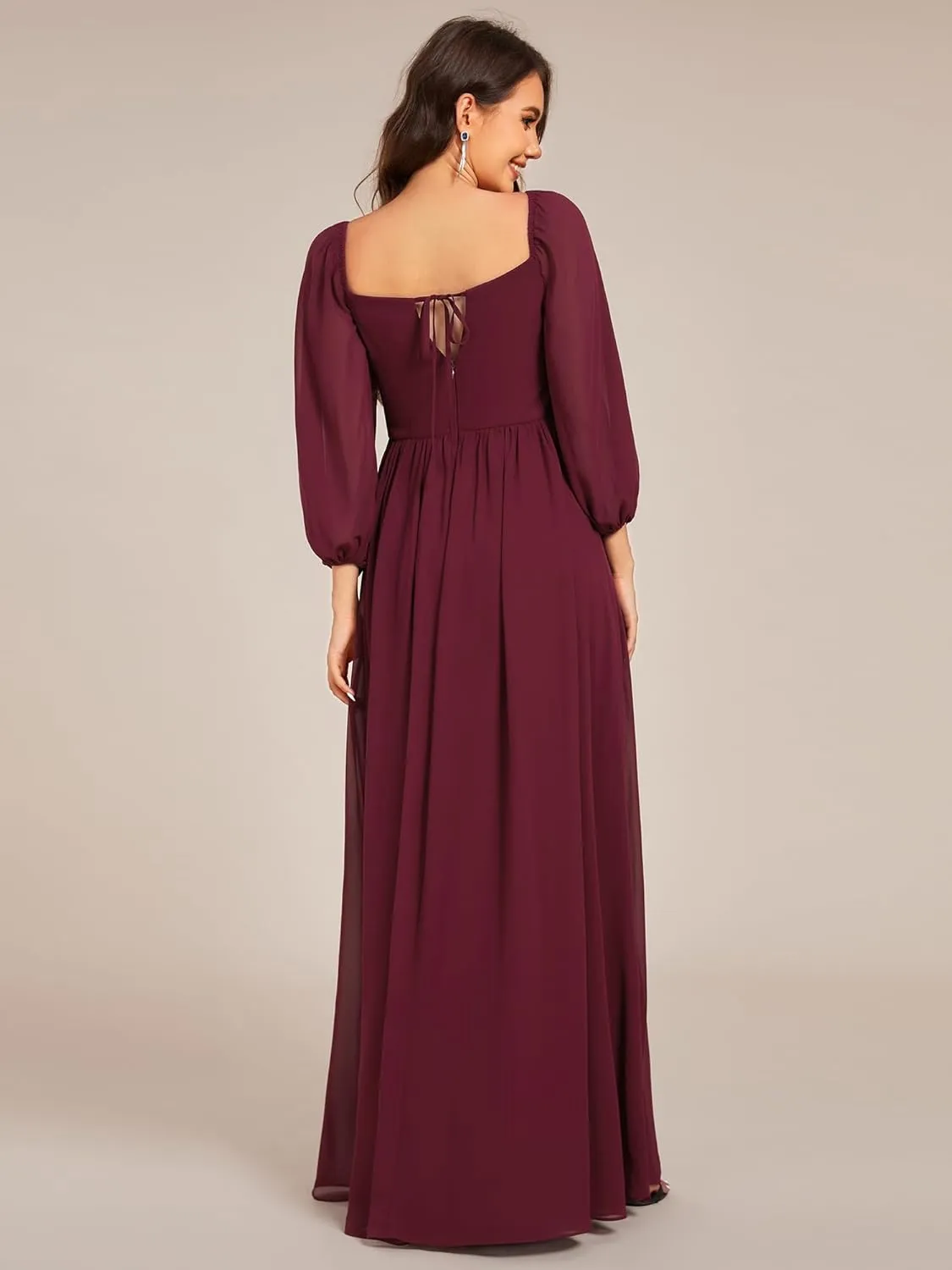 Ever-Pretty Women's Elegant Ruched Sweetheart Empire Waist A Line Long Sleeves Maxi Chiffon Bridesmaid Dresses 02264