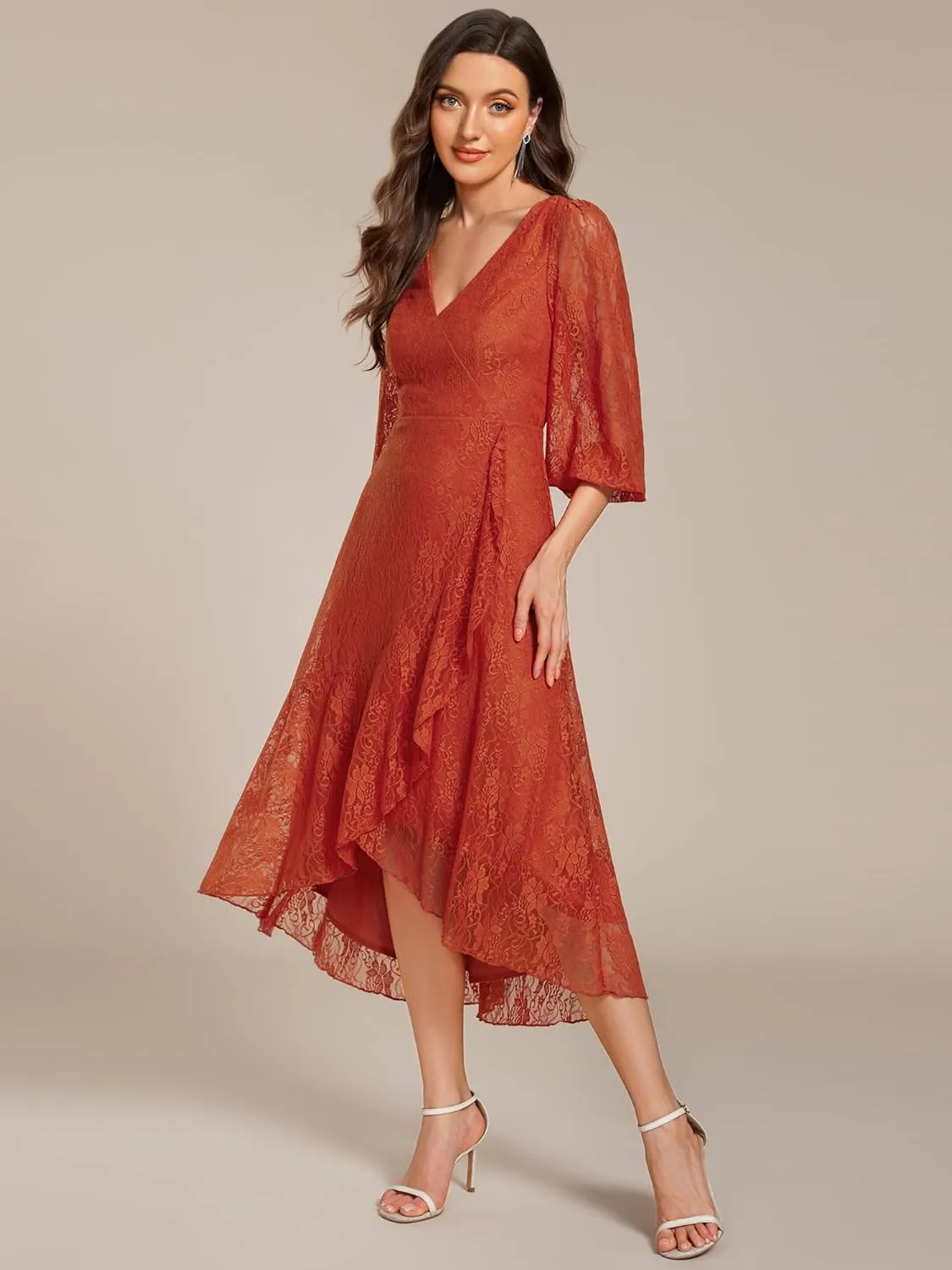 Ever-Pretty Women's Elegant V Neck Lace Long Sleeves A Line Ruffles Hem Midi Length Wedding Guest Dress 02238