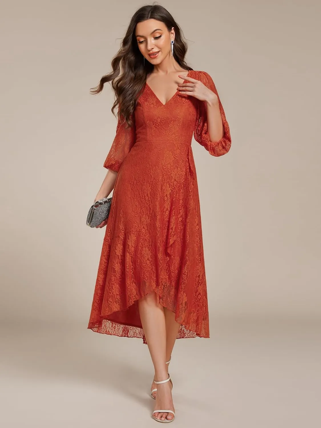 Ever-Pretty Women's Elegant V Neck Lace Long Sleeves A Line Ruffles Hem Midi Length Wedding Guest Dress 02238