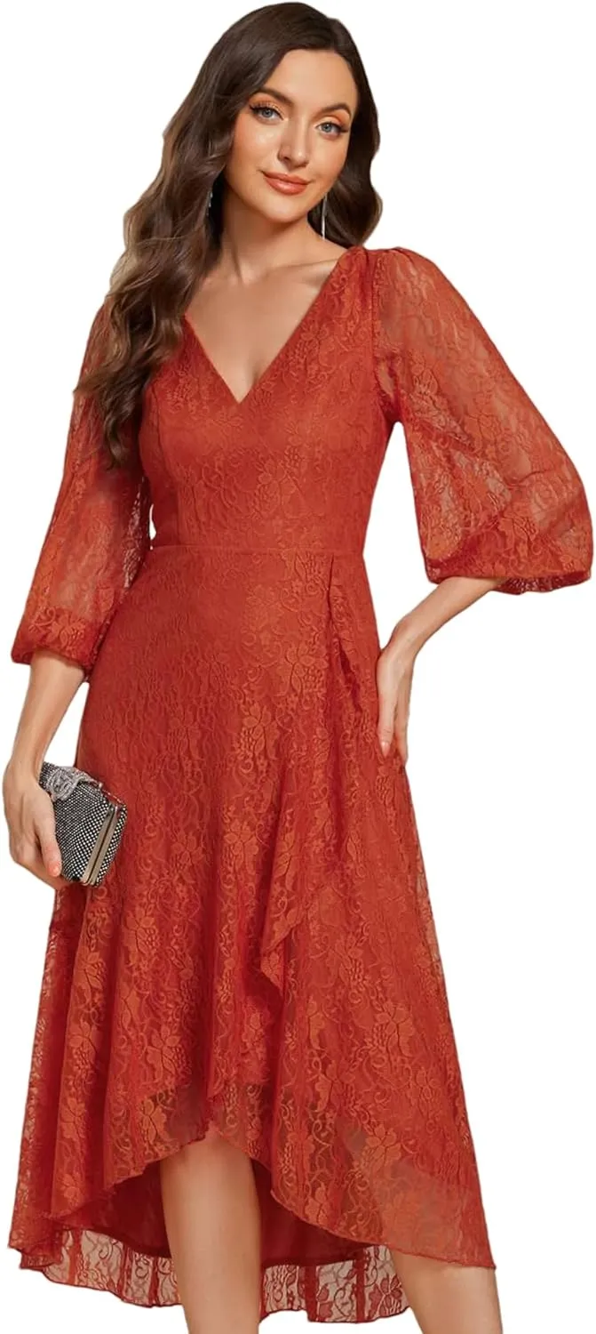 Ever-Pretty Women's Elegant V Neck Lace Long Sleeves A Line Ruffles Hem Midi Length Wedding Guest Dress 02238