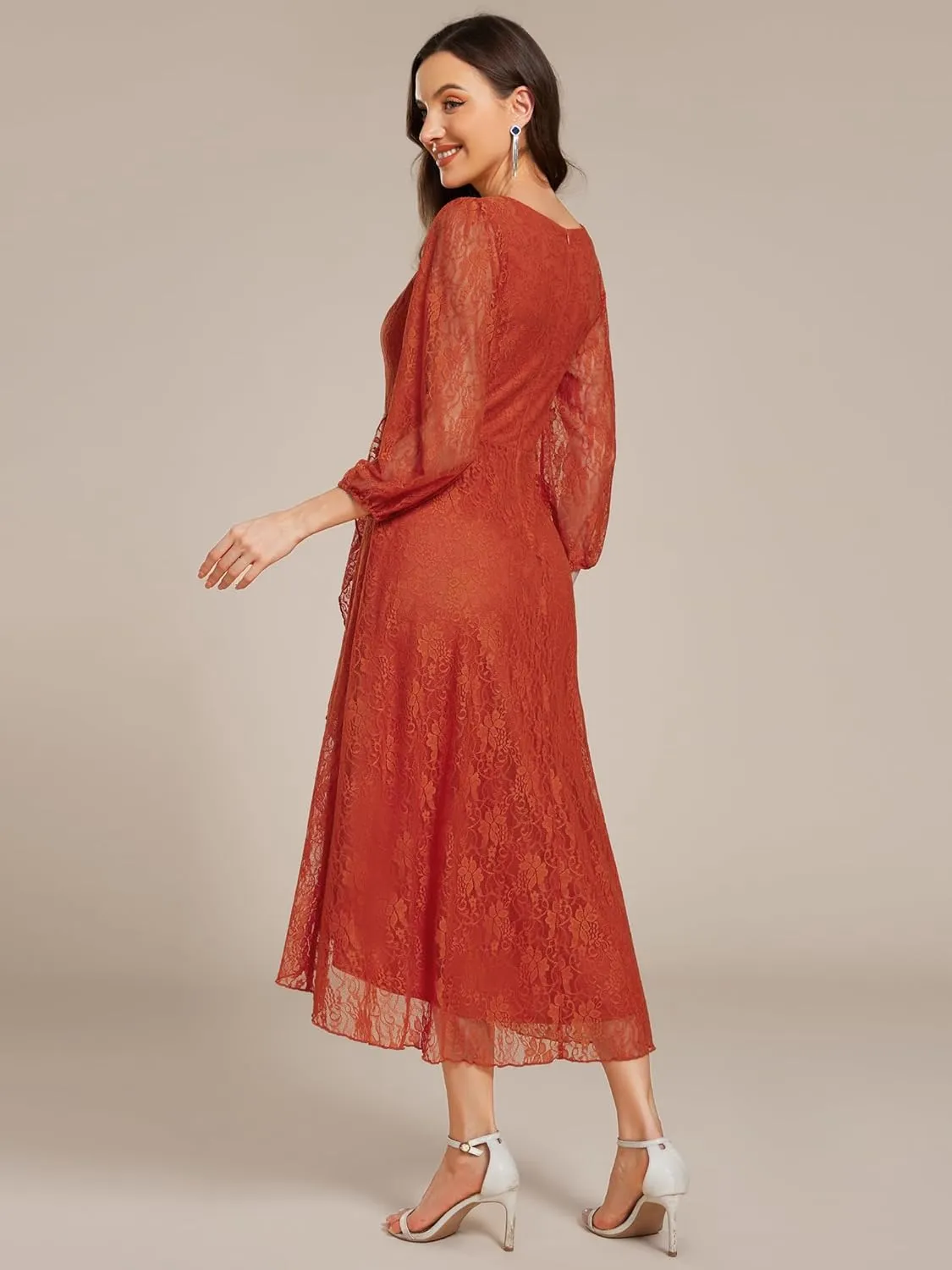 Ever-Pretty Women's Elegant V Neck Lace Long Sleeves A Line Ruffles Hem Midi Length Wedding Guest Dress 02238