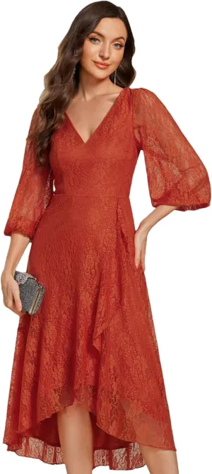 Ever-Pretty Women's Elegant V Neck Lace Long Sleeves A Line Ruffles Hem Midi Length Wedding Guest Dress 02238