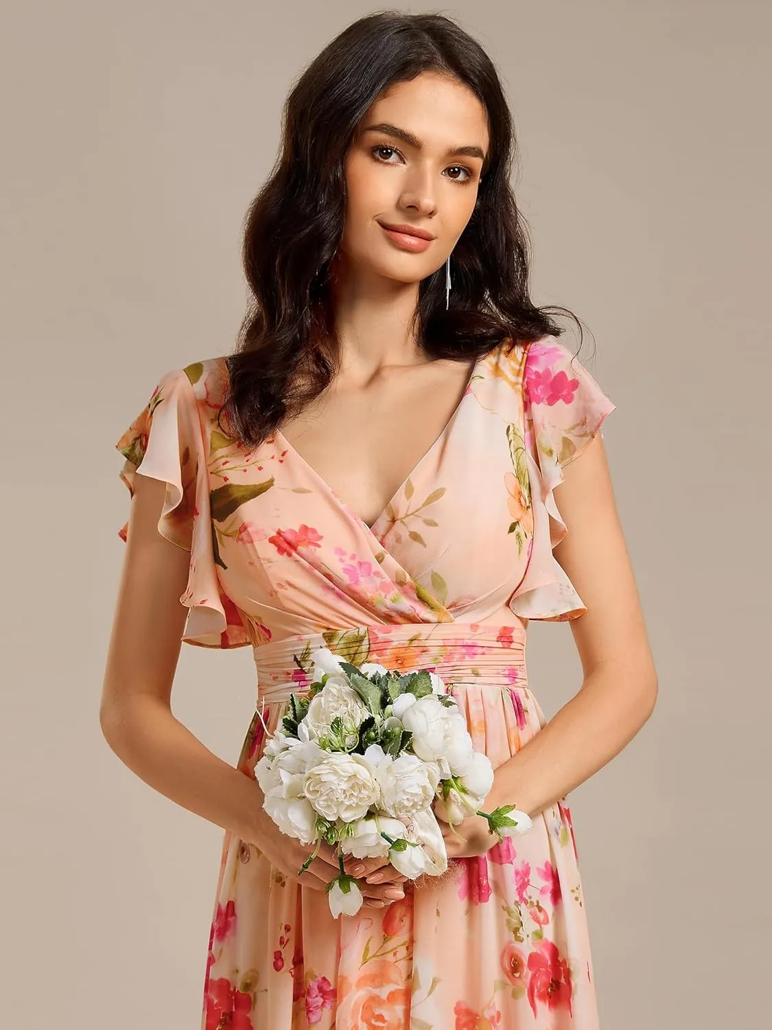 Ever-Pretty Women's Flowy Chiffon A Line Ruffles Sleeves Back Cutout Bridesmaid Dresses 01819