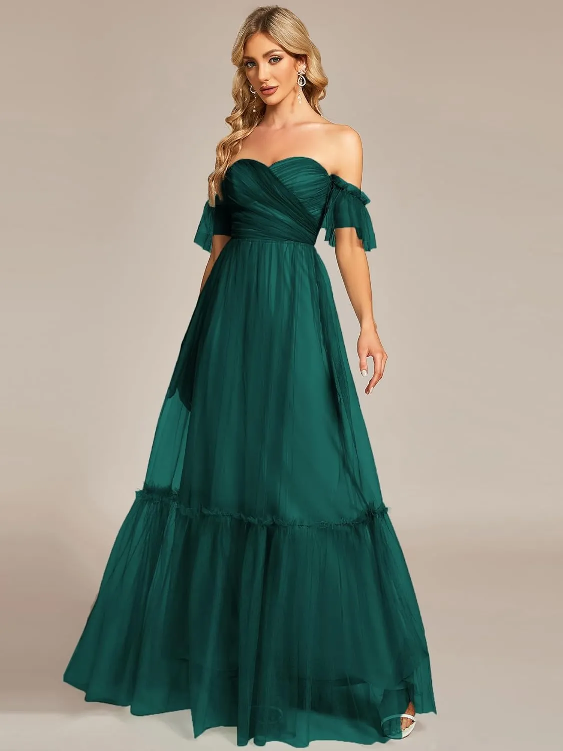 Ever-Pretty Women's Formal Dress Sweetheart Off-Shoulder Ruched Tulle Maxi Bridesmaid Dresses 50126
