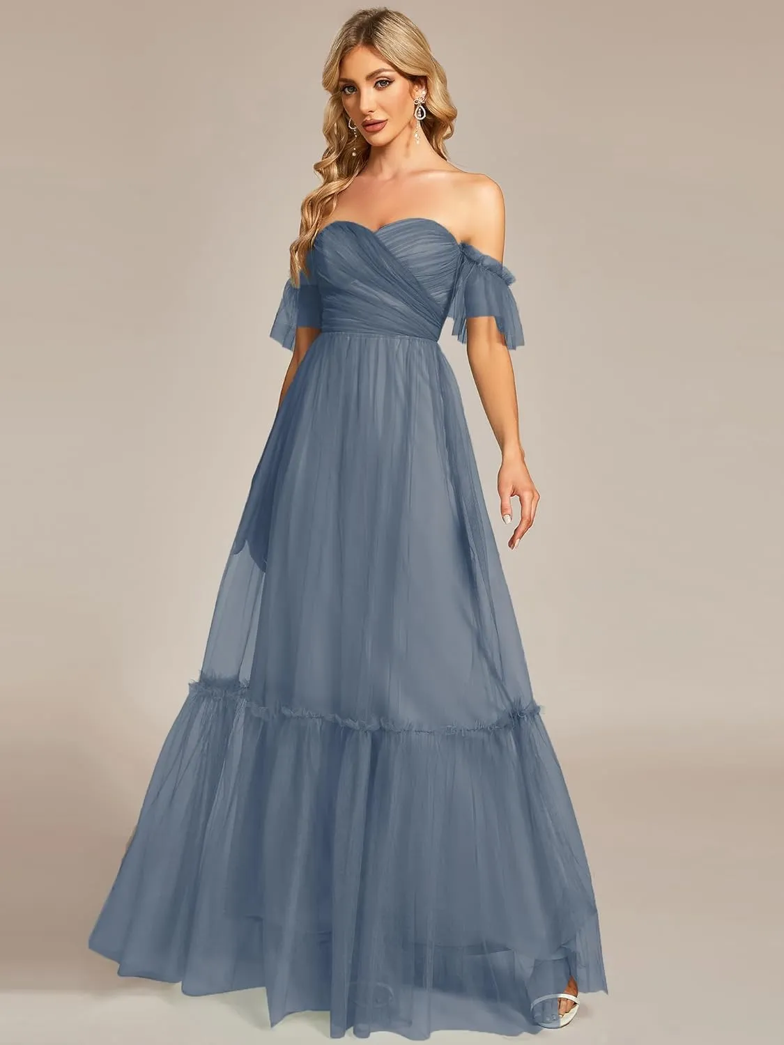 Ever-Pretty Women's Formal Dress Sweetheart Off-Shoulder Ruched Tulle Maxi Bridesmaid Dresses 50126