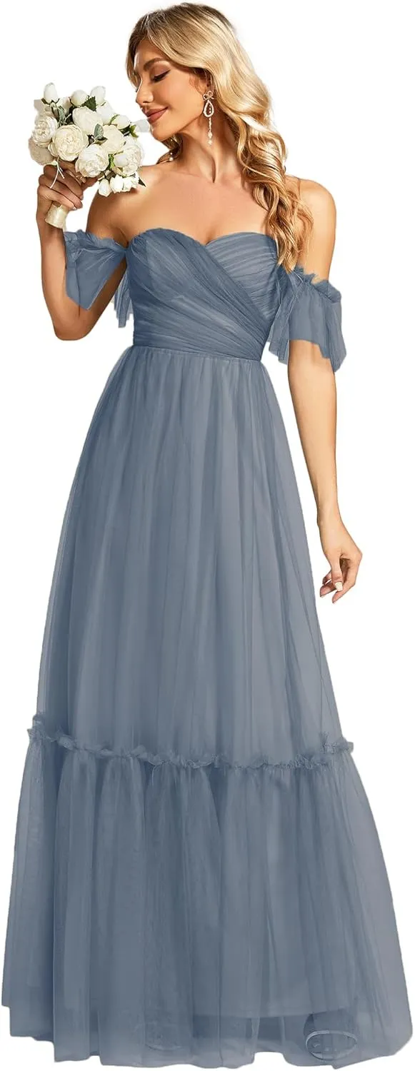 Ever-Pretty Women's Formal Dress Sweetheart Off-Shoulder Ruched Tulle Maxi Bridesmaid Dresses 50126
