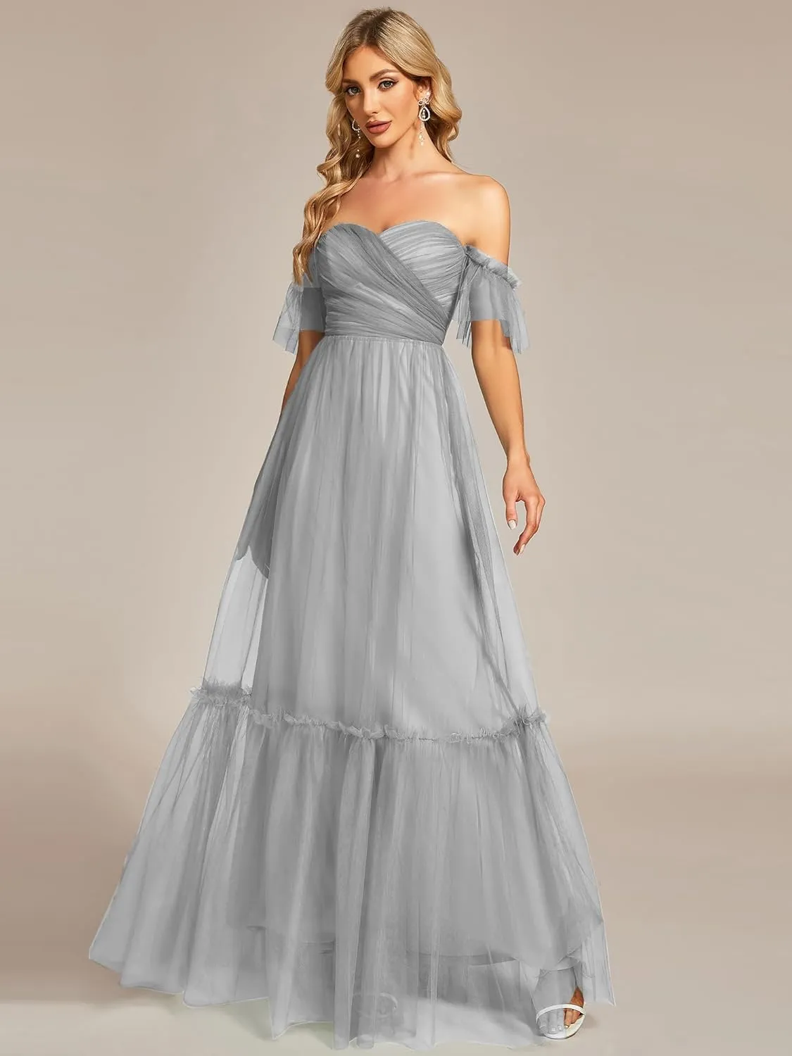 Ever-Pretty Women's Formal Dress Sweetheart Off-Shoulder Ruched Tulle Maxi Bridesmaid Dresses 50126