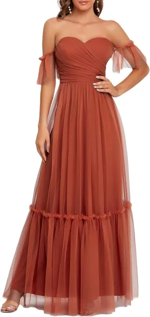 Ever-Pretty Women's Formal Dress Sweetheart Off-Shoulder Ruched Tulle Maxi Bridesmaid Dresses 50126