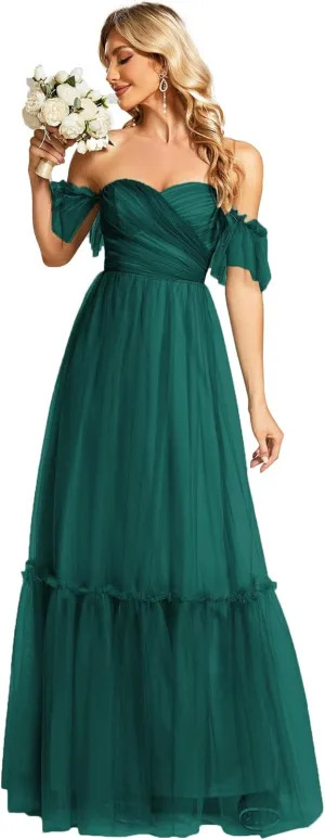 Ever-Pretty Women's Formal Dress Sweetheart Off-Shoulder Ruched Tulle Maxi Bridesmaid Dresses 50126