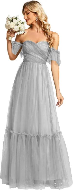 Ever-Pretty Women's Formal Dress Sweetheart Off-Shoulder Ruched Tulle Maxi Bridesmaid Dresses 50126
