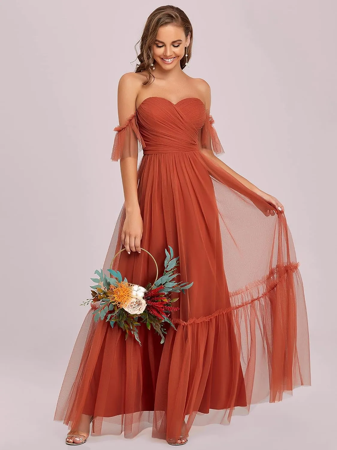 Ever-Pretty Women's Formal Dress Sweetheart Off-Shoulder Ruched Tulle Maxi Bridesmaid Dresses 50126