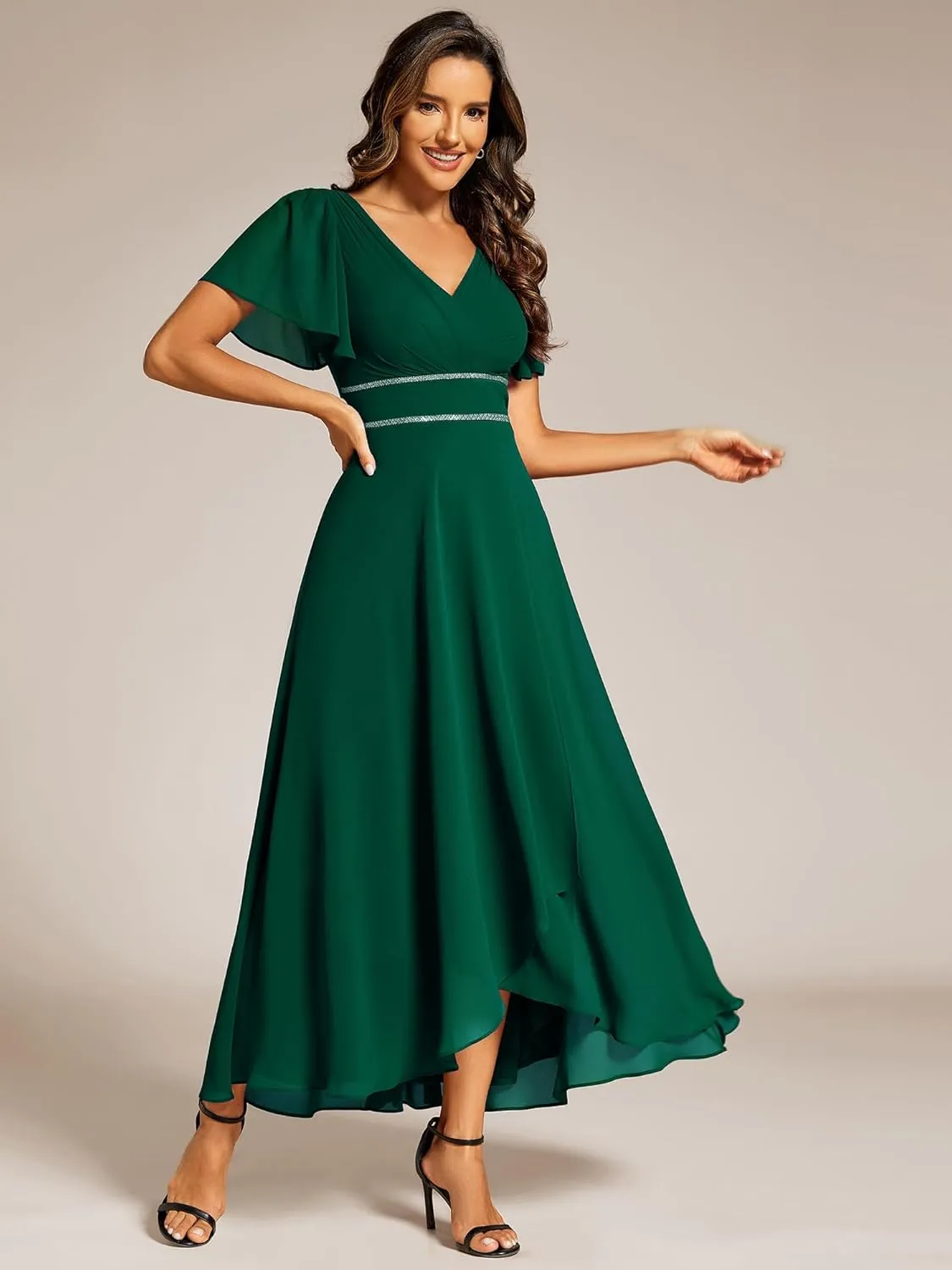Ever-Pretty Women's Formal Dress V Neck Ruffles Sleeves Empire Waist A Line Pleated Chiffon Evening Dresses 41981