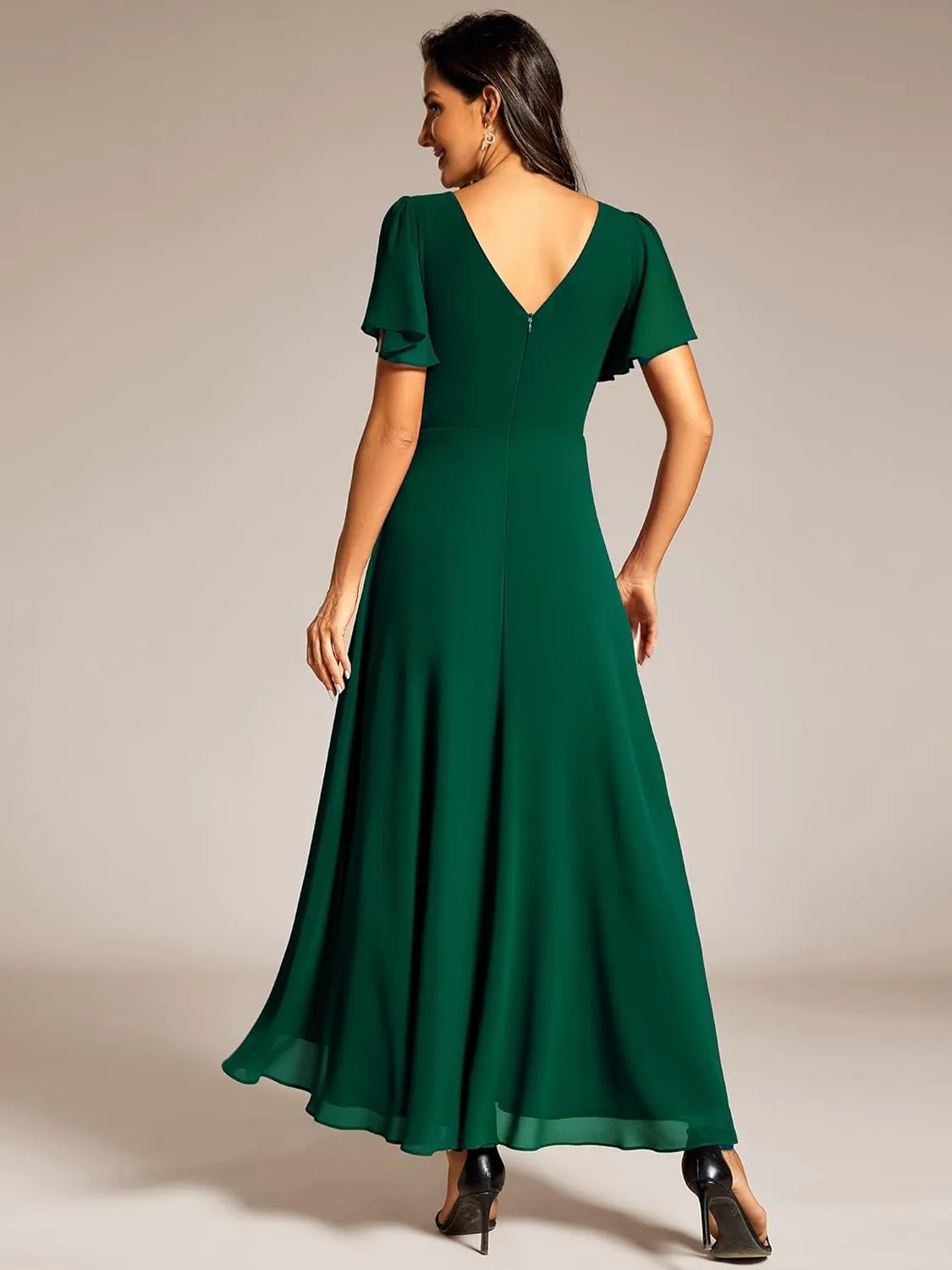 Ever-Pretty Women's Formal Dress V Neck Ruffles Sleeves Empire Waist A Line Pleated Chiffon Evening Dresses 41981