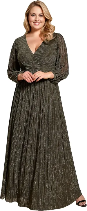 Ever-Pretty Women's Glitter Long Sleeves V Neck Pleated Empire Waist Floor Length Plus Size Ball Gown Formal Dresses 01961-DA