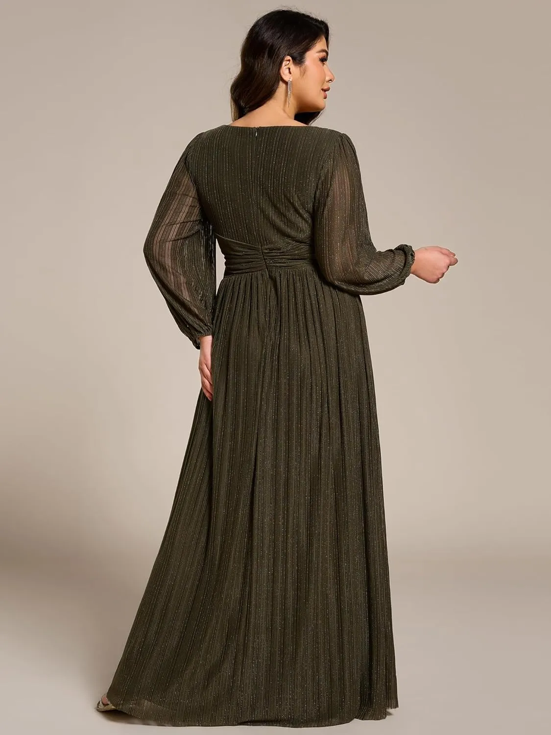 Ever-Pretty Women's Glitter Long Sleeves V Neck Pleated Empire Waist Floor Length Plus Size Ball Gown Formal Dresses 01961-DA