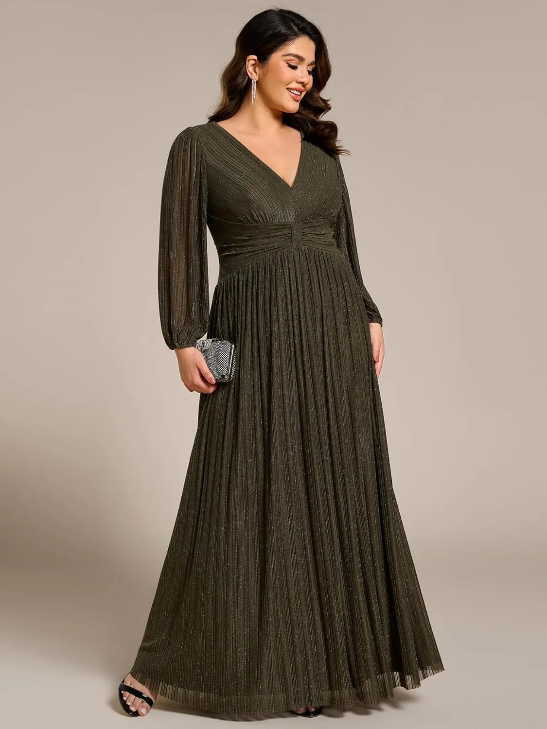 Ever-Pretty Women's Glitter Long Sleeves V Neck Pleated Empire Waist Floor Length Plus Size Ball Gown Formal Dresses 01961-DA