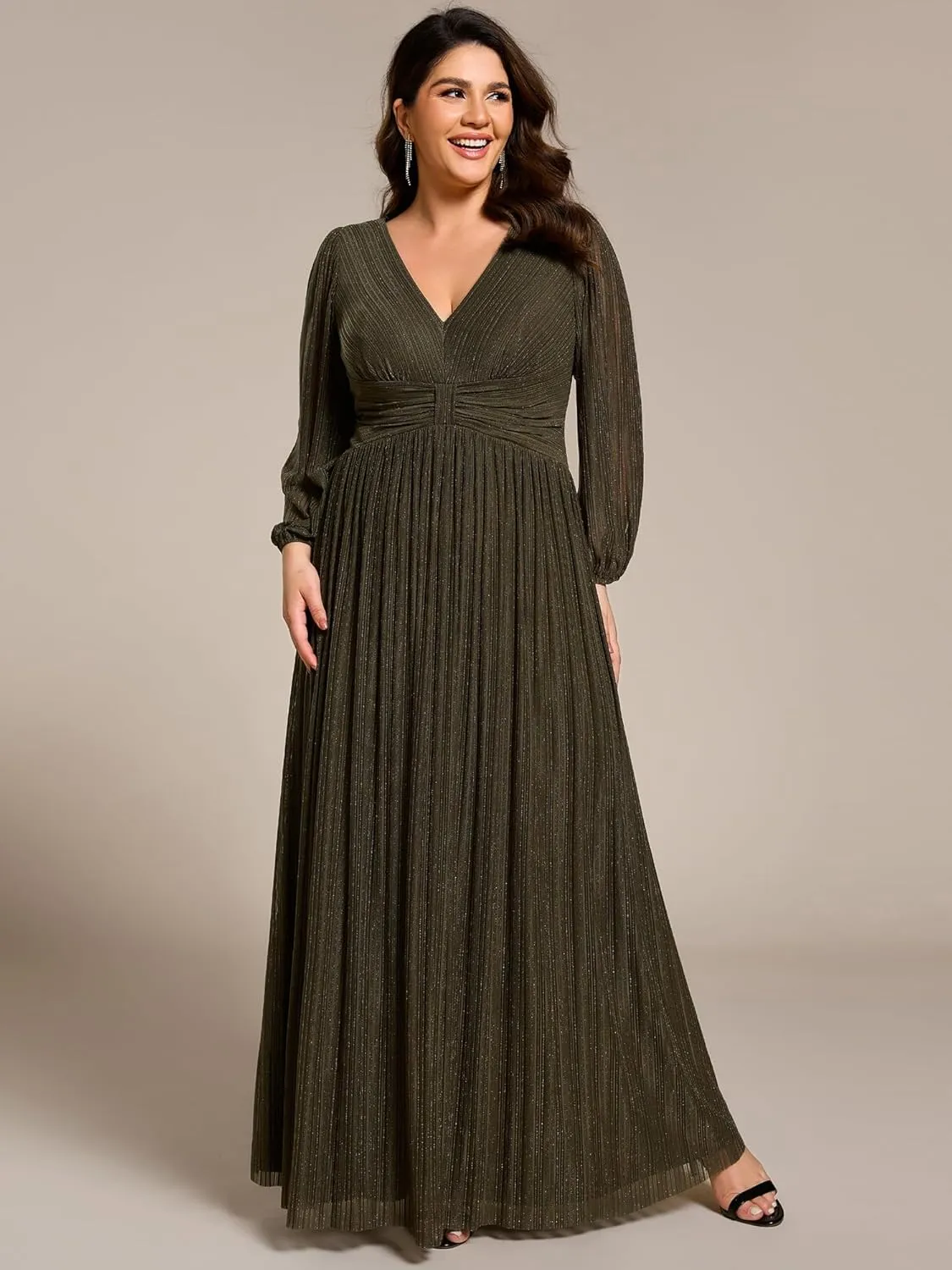 Ever-Pretty Women's Glitter Long Sleeves V Neck Pleated Empire Waist Floor Length Plus Size Ball Gown Formal Dresses 01961-DA