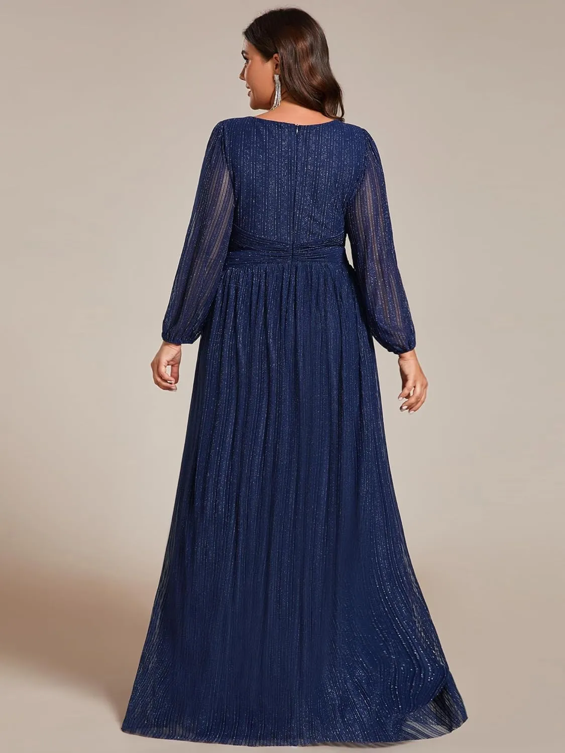 Ever-Pretty Women's Glitter Long Sleeves V Neck Pleated Empire Waist Floor Length Plus Size Ball Gown Formal Dresses 01961-DA