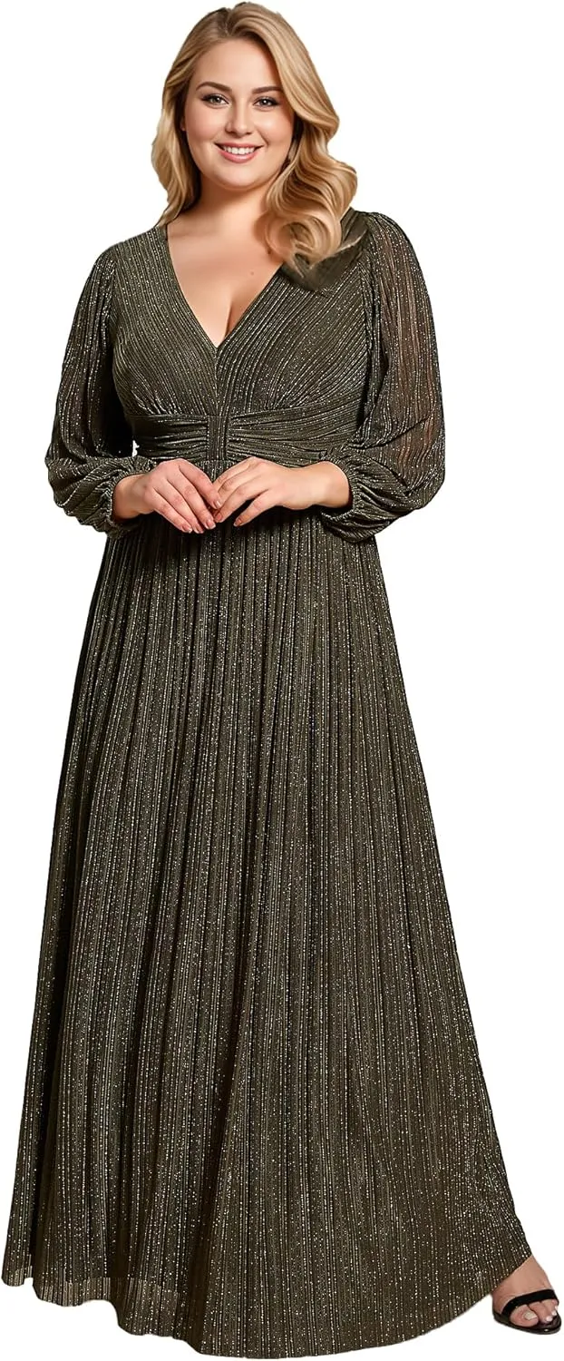 Ever-Pretty Women's Glitter Long Sleeves V Neck Pleated Empire Waist Floor Length Plus Size Ball Gown Formal Dresses 01961-DA