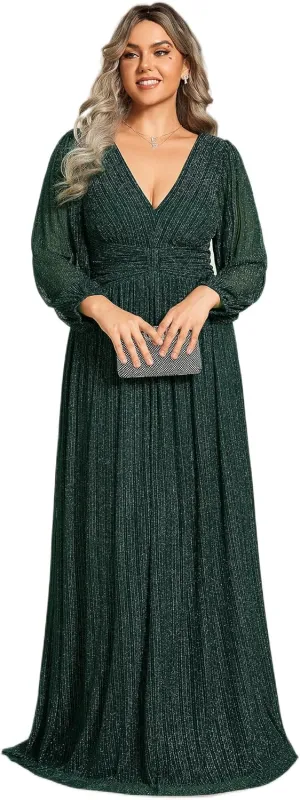 Ever-Pretty Women's Glitter Long Sleeves V Neck Pleated Empire Waist Floor Length Plus Size Ball Gown Formal Dresses 01961-DA