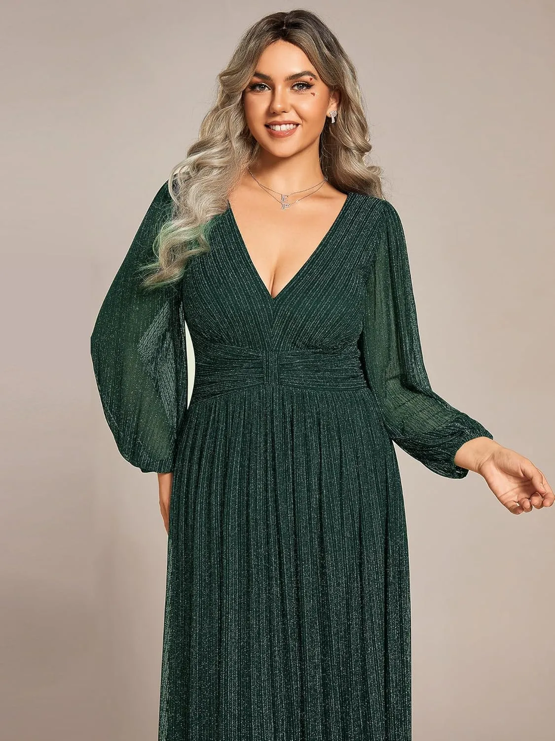 Ever-Pretty Women's Glitter Long Sleeves V Neck Pleated Empire Waist Floor Length Plus Size Ball Gown Formal Dresses 01961-DA