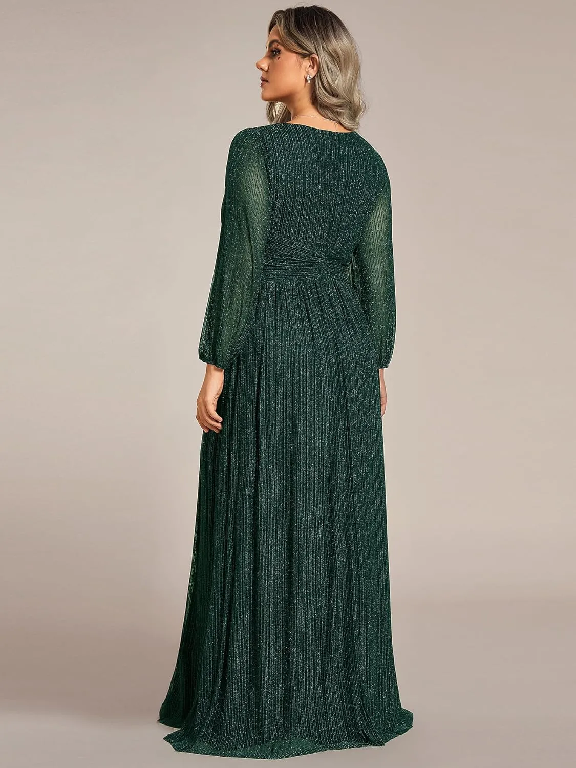 Ever-Pretty Women's Glitter Long Sleeves V Neck Pleated Empire Waist Floor Length Plus Size Ball Gown Formal Dresses 01961-DA
