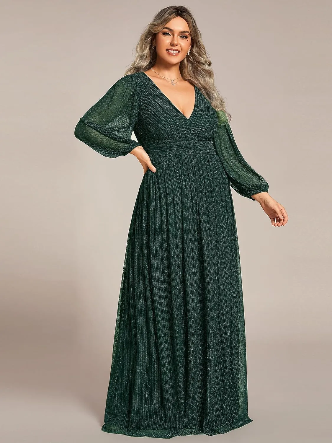 Ever-Pretty Women's Glitter Long Sleeves V Neck Pleated Empire Waist Floor Length Plus Size Ball Gown Formal Dresses 01961-DA