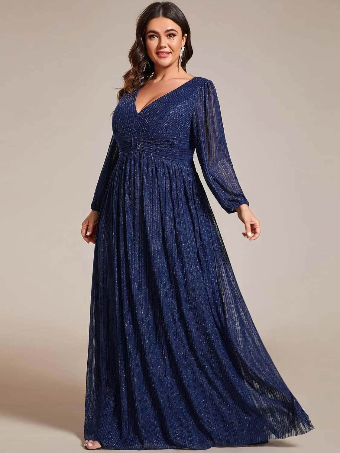 Ever-Pretty Women's Glitter Long Sleeves V Neck Pleated Empire Waist Floor Length Plus Size Ball Gown Formal Dresses 01961-DA