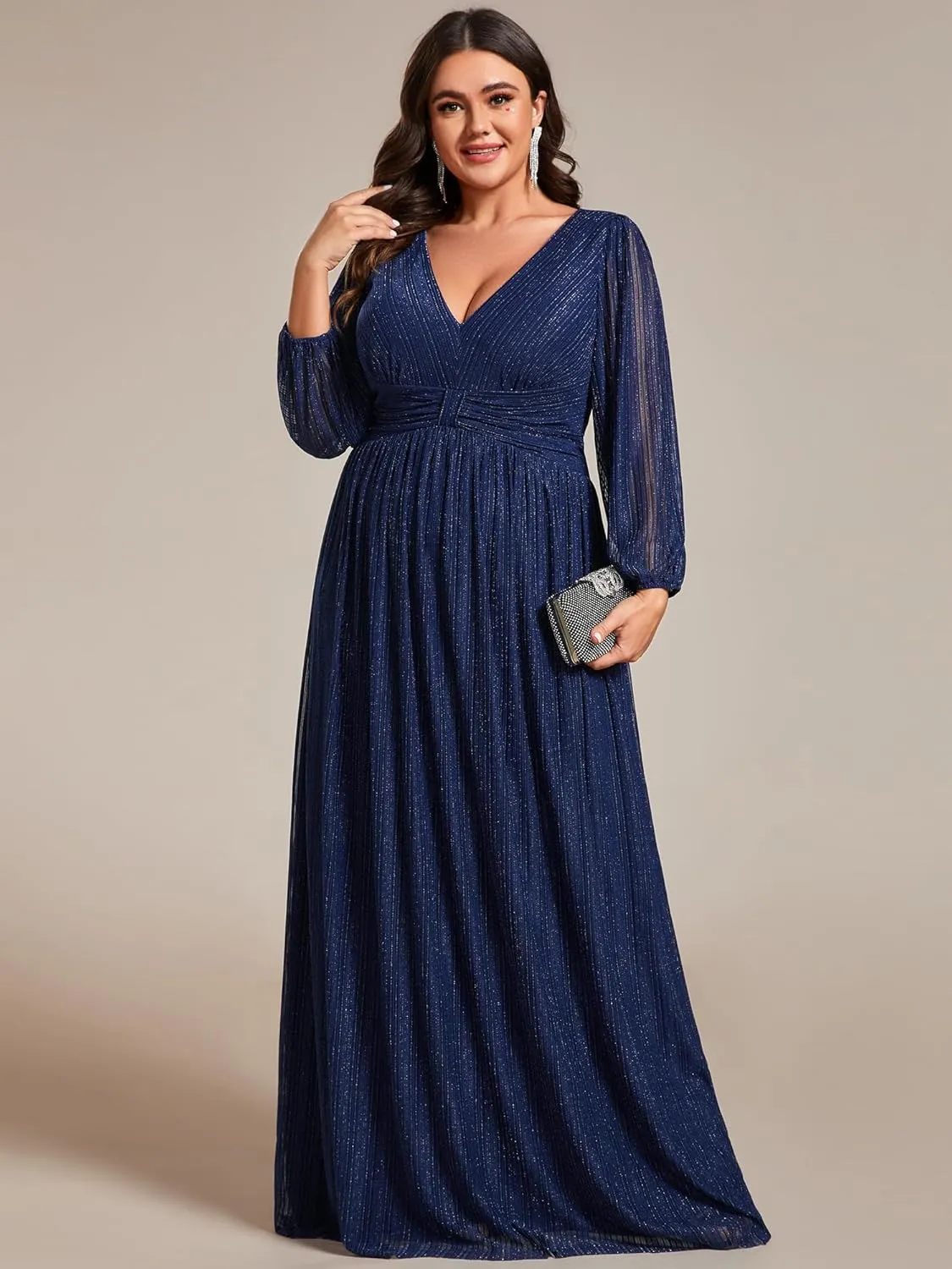 Ever-Pretty Women's Glitter Long Sleeves V Neck Pleated Empire Waist Floor Length Plus Size Ball Gown Formal Dresses 01961-DA